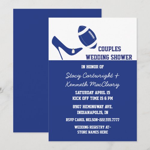 Blue &amp; White Football Themed Wedding Shower Personalized Announcements
