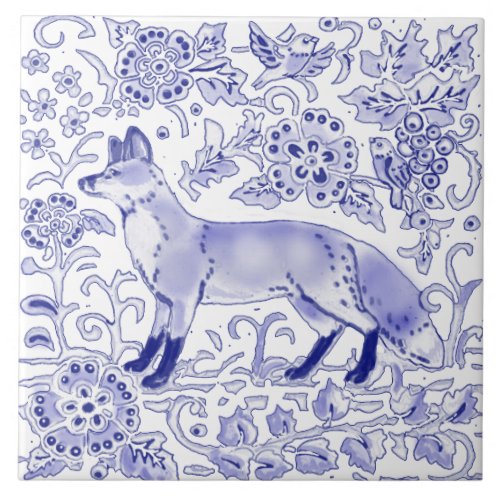 Blue White Fox Bird Woodland Farmhouse Rustic Art  Ceramic Tile