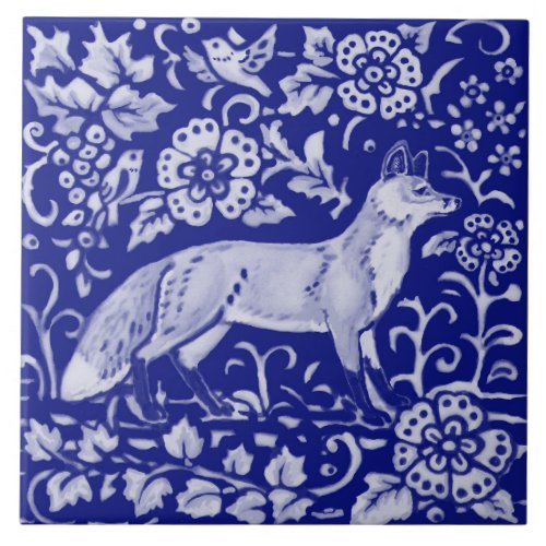 Blue White Fox Bird Woodland Farmhouse Rustic Art  Ceramic Tile