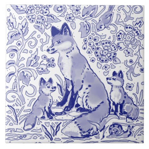 Blue White Fox Family Animal Art Farmhouse Country Ceramic Tile