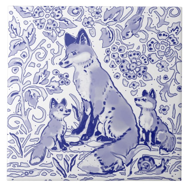 Blue White Fox Family Animal Art Farmhouse Country Ceramic Tile (Front)