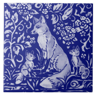Blue White Fox Family Animal Farmhouse Rustic Art Ceramic Tile