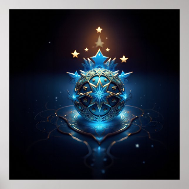 Blue White Fractal Design With Stars Poster (Front)