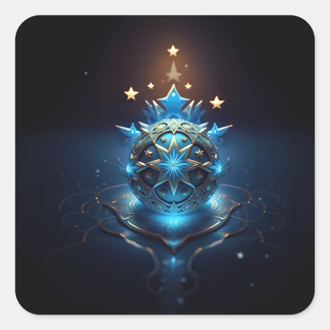 Blue White Fractal Design With Stars Square Sticker (Front)