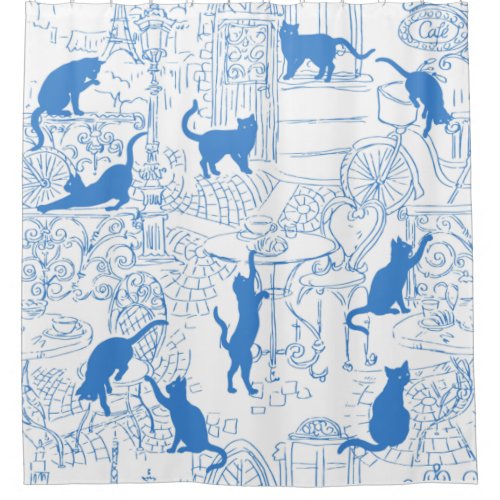 Blue White French Cat Paris Cafe Shower Curtain