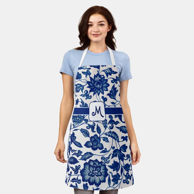 Blue White French Country All Over Print Apron (Worn)