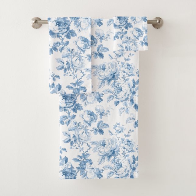 Blue & White French Country Toile Floral  Bath Towel Set (Insitu)