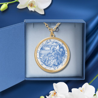 Blue White French Toile Marian Floral Wreath Gold Plated Necklace
