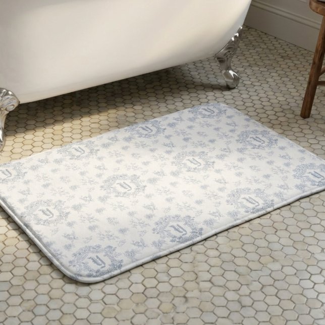 Blue White French Toile Monogram Name Pattern Bath Mat (Creator Uploaded)