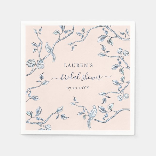 Blue & white French toile on Pink Bridal Shower Napkins (Front)