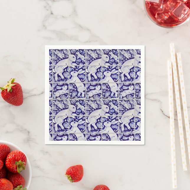Blue White Fun Bunny Rabbit Tile Paisley Garden Napkins (Insitu)