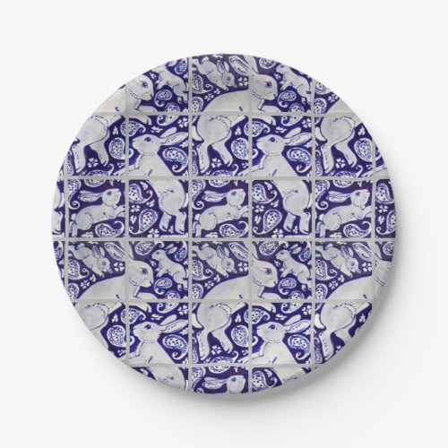 Blue White Fun Bunny Rabbit Tile Paisley Garden Paper Plates