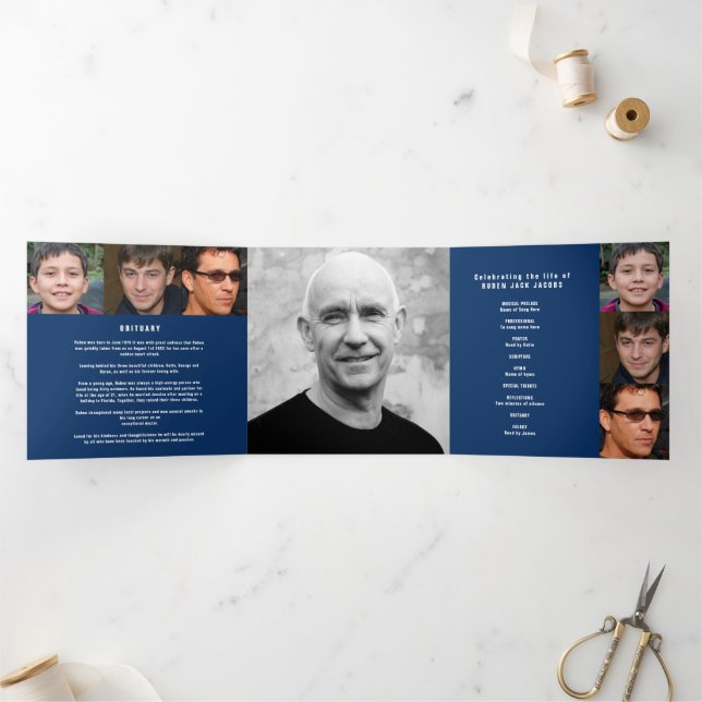 Blue white Funeral service mono custom photos Tri-Fold Program (Inside)