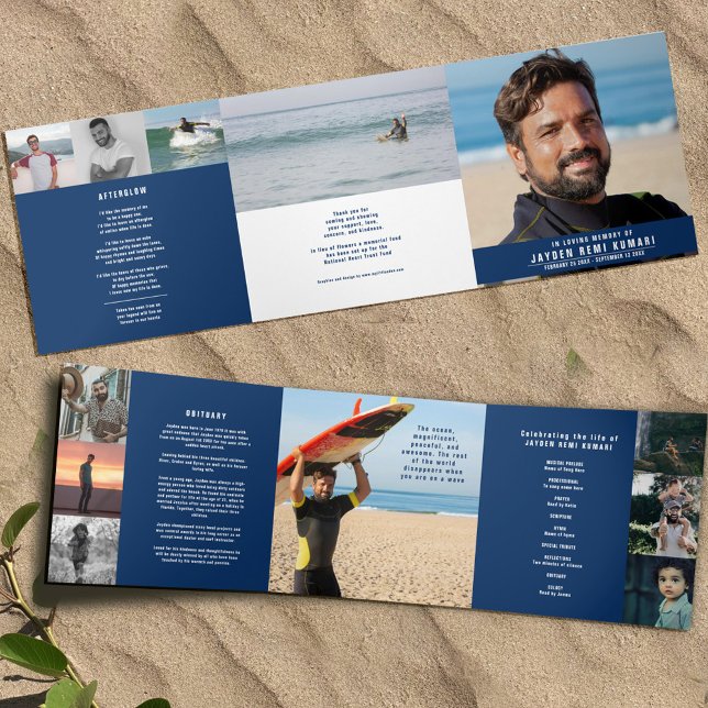 Blue white Funeral service mono custom photos Tri-Fold Program (Creator Uploaded)