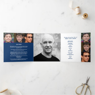 Blue white Funeral service mono custom photos Tri- Tri-Fold Program