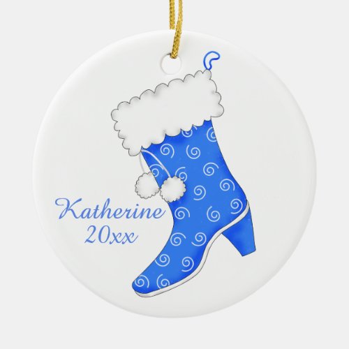 Blue White Fur Boot Shoe Lover Christmas Name Ceramic Ornament