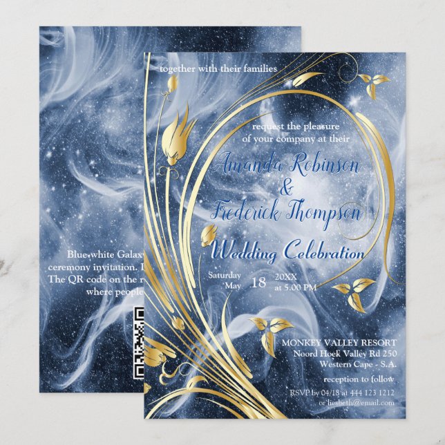 Blue-white Galaxy with a Gold abstract flower Invitation (Front/Back)