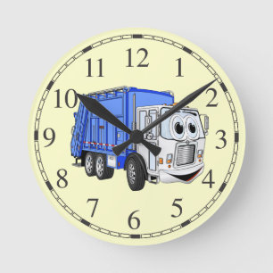 Blue White Garbage Truck Cartoon Round Clock