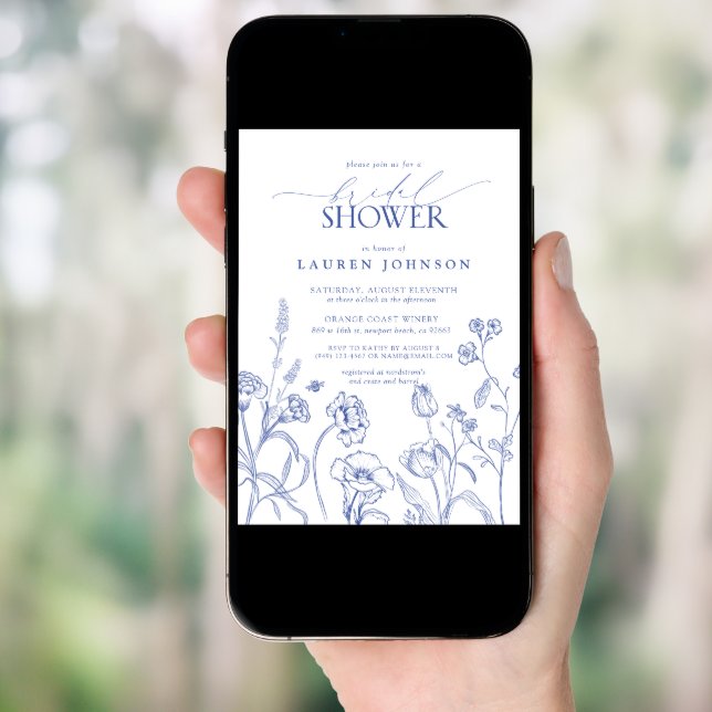 Blue & White Garden Flowers Bridal Shower  Invitation (Front Digital)