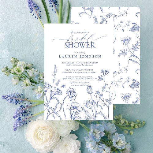 Blue  White Garden Flowers Bridal Shower  Invitation