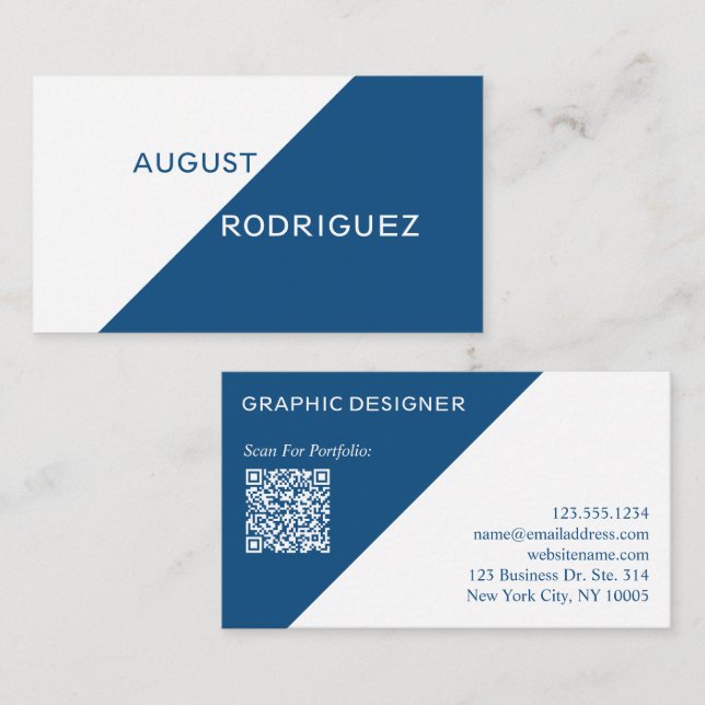Blue White Geometric Custom QR Code Business Card (Front/Back)
