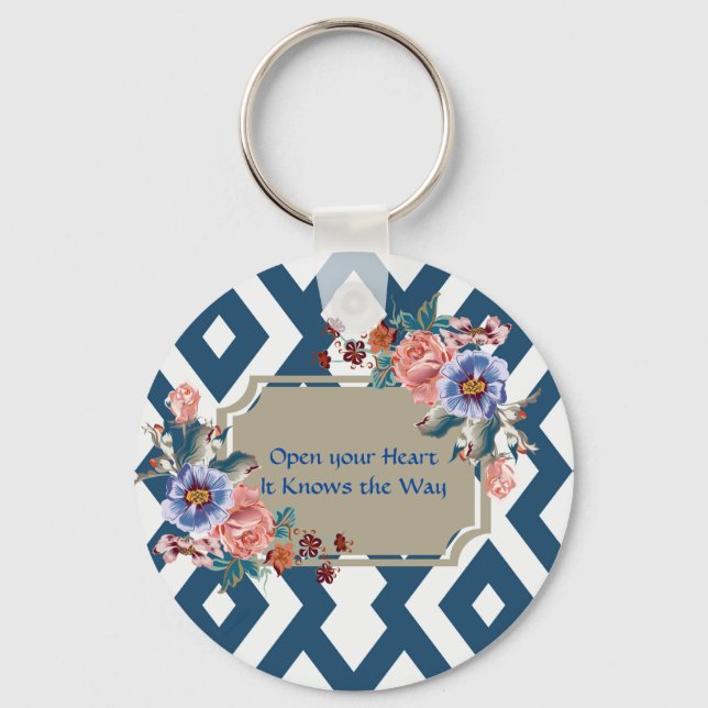 Blue/White Geometric Design Floral Key chain (Front)