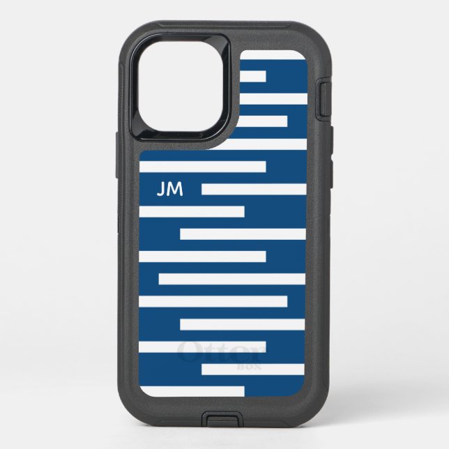 Blue White Geometric Lines with Monogram Otterbox iPhone Case (Back)