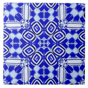 Blue white geometric mosaic ceramic tile