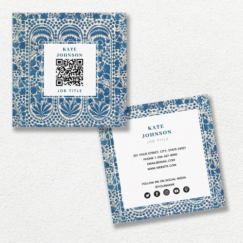 Blue White Geometric QR Code Social Media Icons Square Business Card