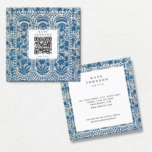 Blue White Geometric QR Code Social Media  Square Business Card