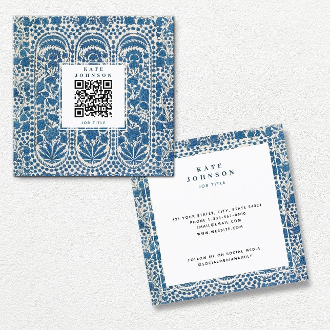 Blue White Geometric QR Code Social Media  Square Business Card (Creator Uploaded)