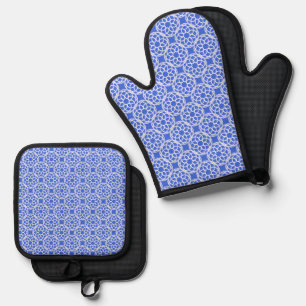 Blue White Geometric Seamless Pattern Oven Mitt & Pot Holder Set