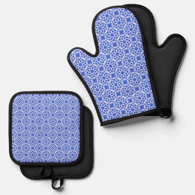 Blue White Geometric Seamless Pattern Oven Mitt & Pot Holder Set (Front/Back)