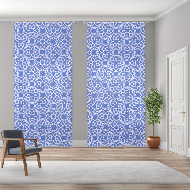 Blue White Geometric Seamless Pattern Sheer Curtains (Wide)