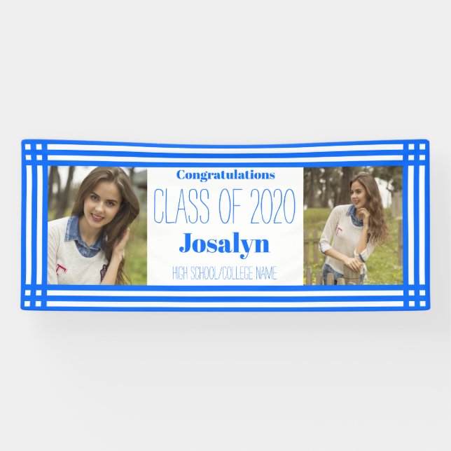 Blue White Geometric Two Photos Graduation Banner (Horizontal)