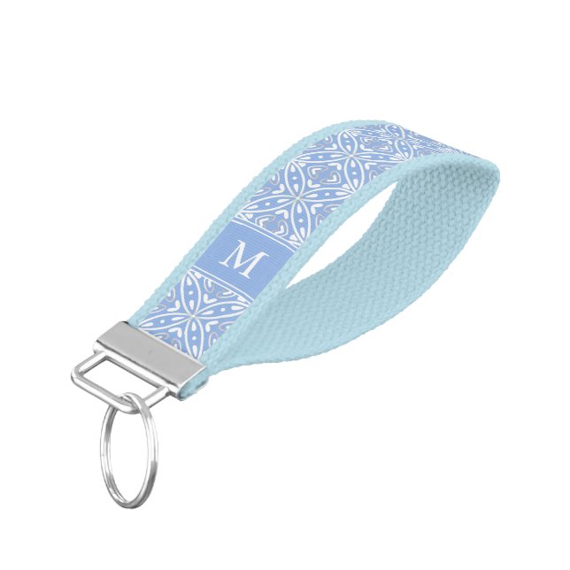 Blue White Geometrical Batik Pattern with Monogram Wrist Keychain (Angled Down)