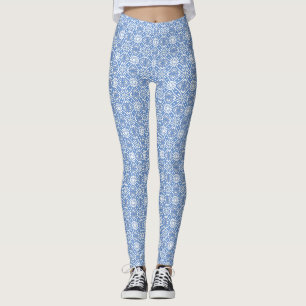 Blue White Geometrical Modern Batik Pattern Leggings