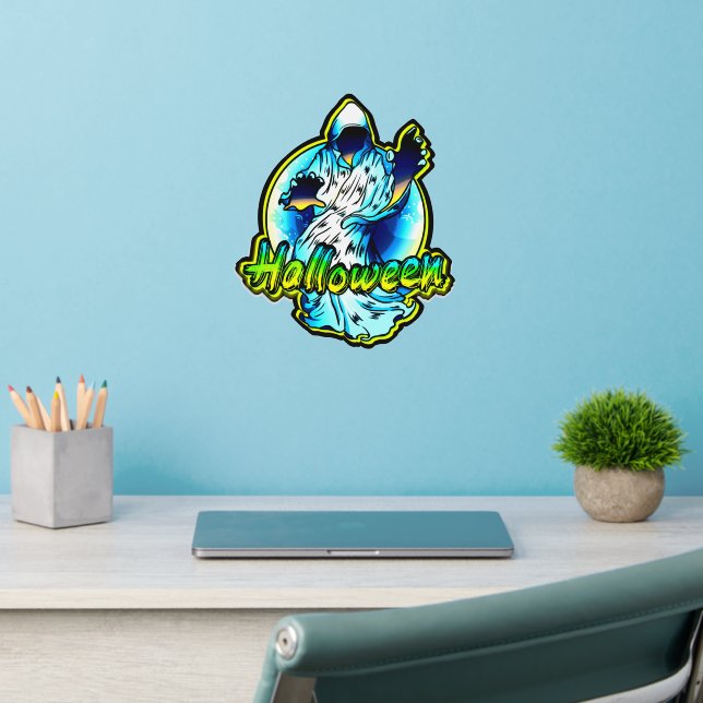 Blue White Ghost Green Yellow Halloween on 12" sq  Wall Decal (Home Office 2)