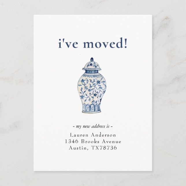 Blue & White Ginger Jar Moving announcement Postcard (Front)