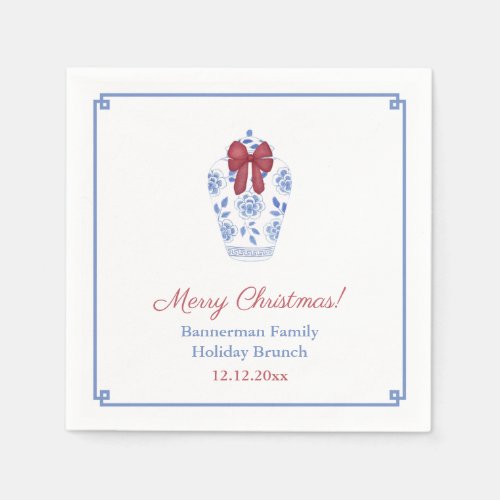 Blue White Ginger Jar Red Ribbon Holiday Party Napkins