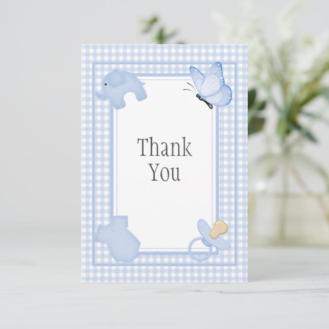 Blue White Gingham Baby Shower Thank You Card (Standing Front)