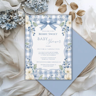 Blue White Gingham Berry Sweet Floral Baby Shower Invitation