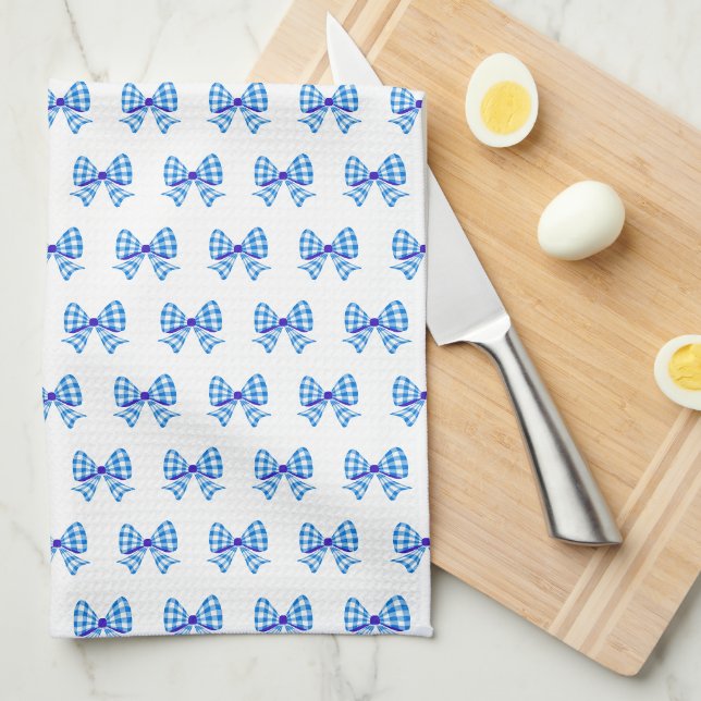 Blue-white gingham bow pattern kitchen towel (Quarter Fold)
