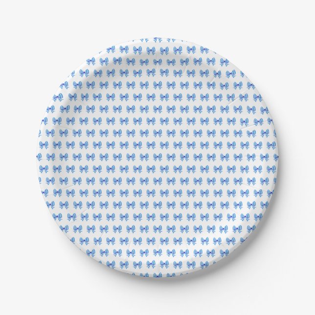 Blue-white gingham bow pattern paper plates (Front)