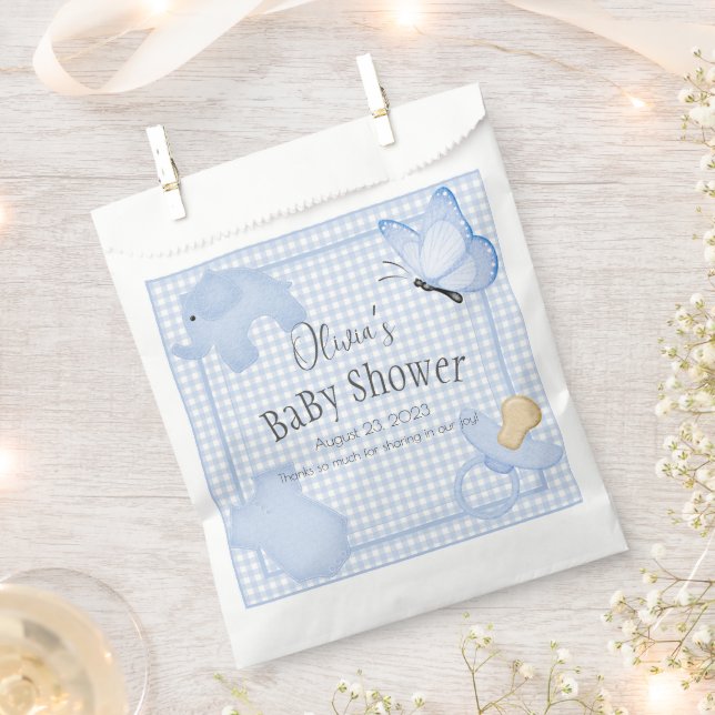 Blue White Gingham Boy Baby Shower Favor Bag (Clipped)