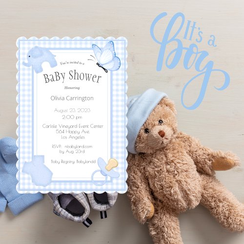 Blue White Gingham Boy Baby Shower Invitation