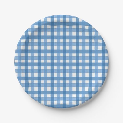 Blue  White Gingham Check Baby Shower Paper Plate