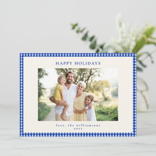 Blue White Gingham Check Border Family Photo Holiday Card
