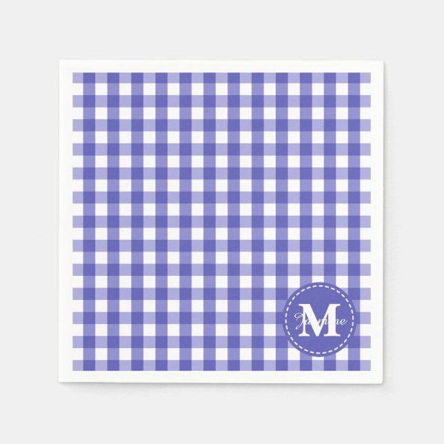 Blue White Gingham Check Pattern Monogram Napkins (Front)