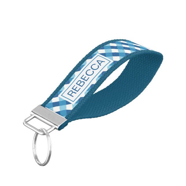 Blue White Gingham Checked Pattern Personalised Wrist Keychain (Angled Down)